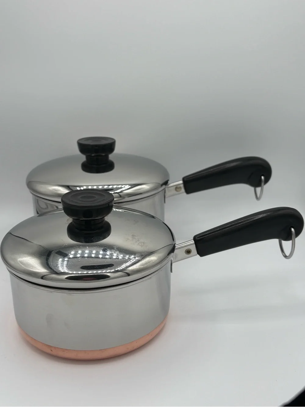 Vintage Revere Ware Copper Bottom Saucepan Set 1 & 1.5 Qt w/Lids USA